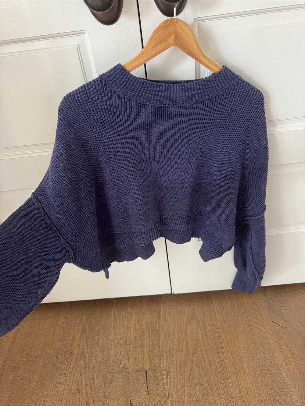 Free People Cropped Ribbed Crew Sweater in Navy Blue